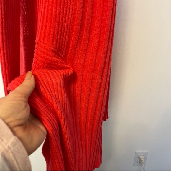 Coral Coloured Long Open Cardigan Open work Knitting - Picture 7 of 16